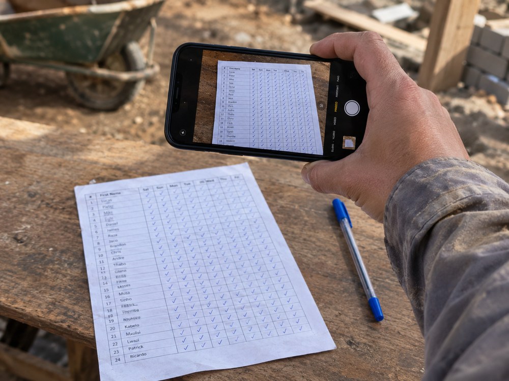 A phone held over a completed sign sheet, photographing it inside the Crewinx app