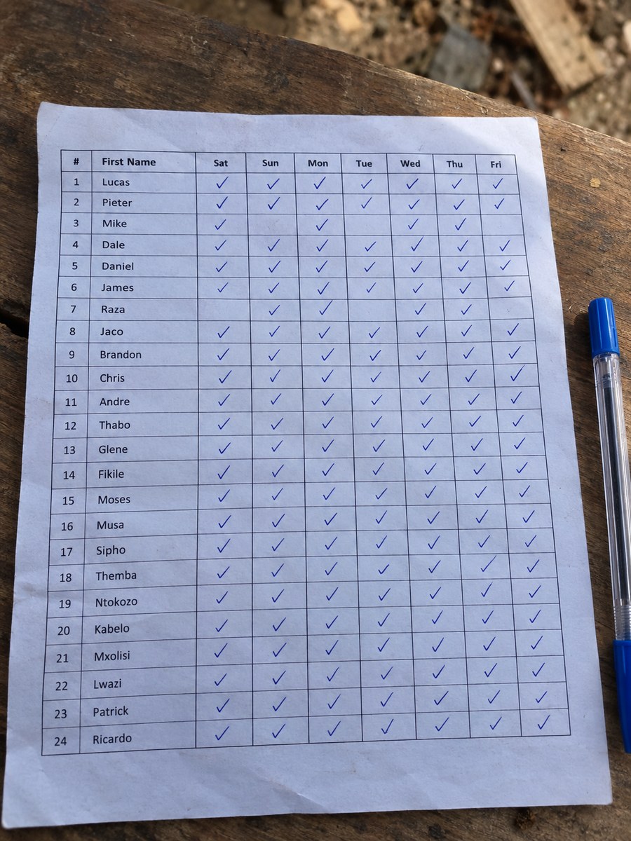 A printed sign sheet with workers' names down the side and each day of the week ticked off by hand